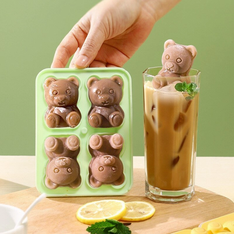 Silicone Teddy Bear 4-Grid Ice Cube Mold, Easy-Freezing