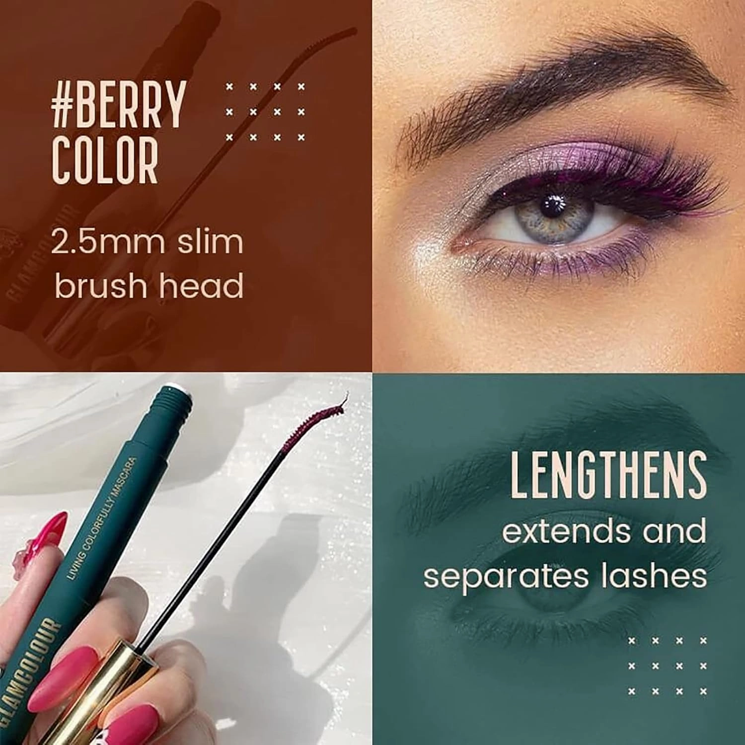 Silk Fiber Lash Mascara, Magic Color Skinny Mascara, Waterproof Skinny Mascara, Glamcolour Living Colorfully Mascara, Colored Mascara, Long-lasting and Non-blooming (4 colors-A)