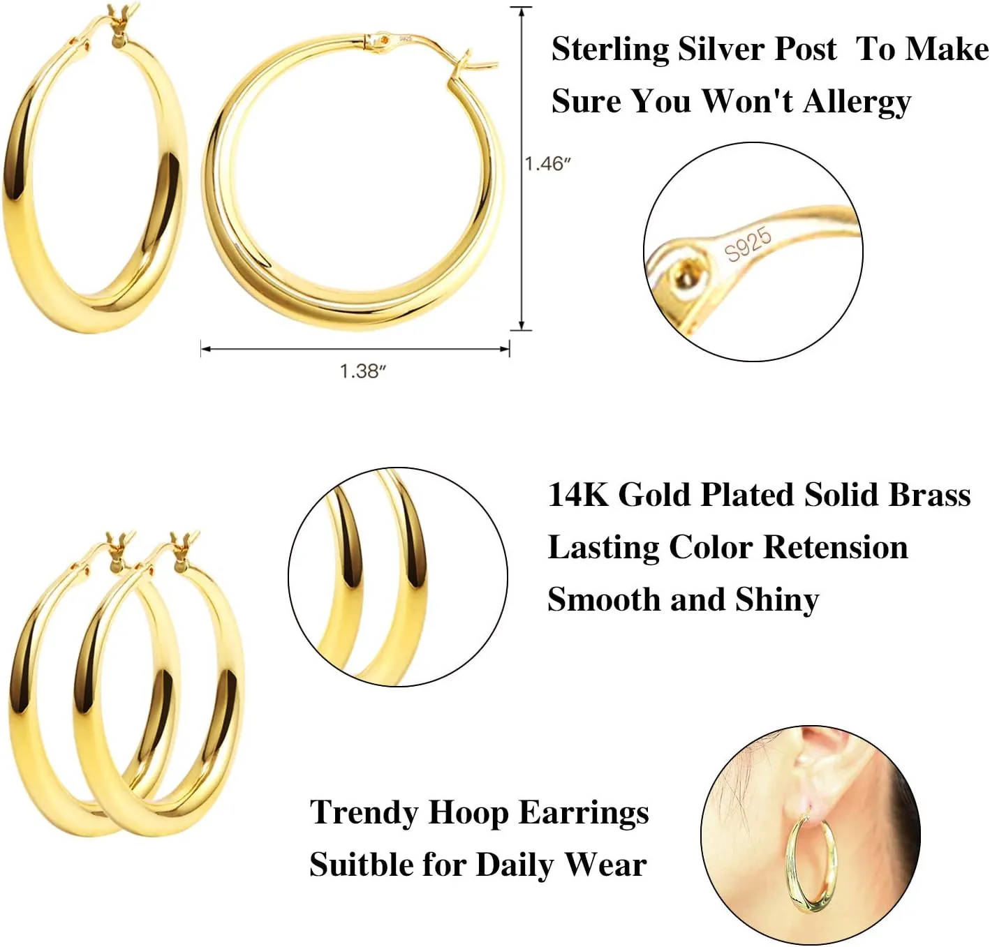 Silver Oval Hoop Earrings Hypoallergenic 14K Gold Plated Sterling Silver Lightweight Oval Hoop Earrings for Women Gilrs