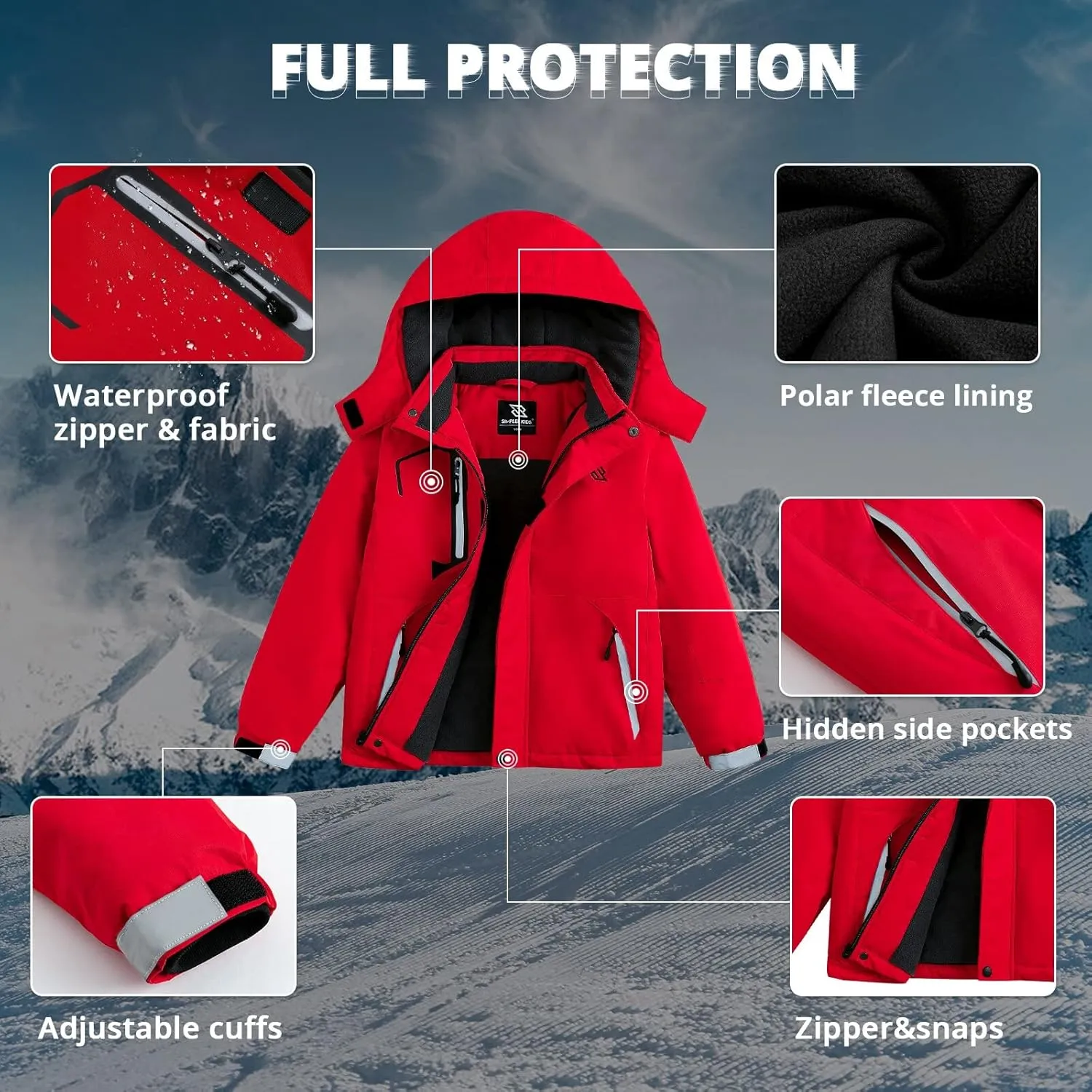 Simplee kids Girls Waterproof Ski Snow Jacket Fleece Raincoat Colorful Winter Coat Warm Hooded