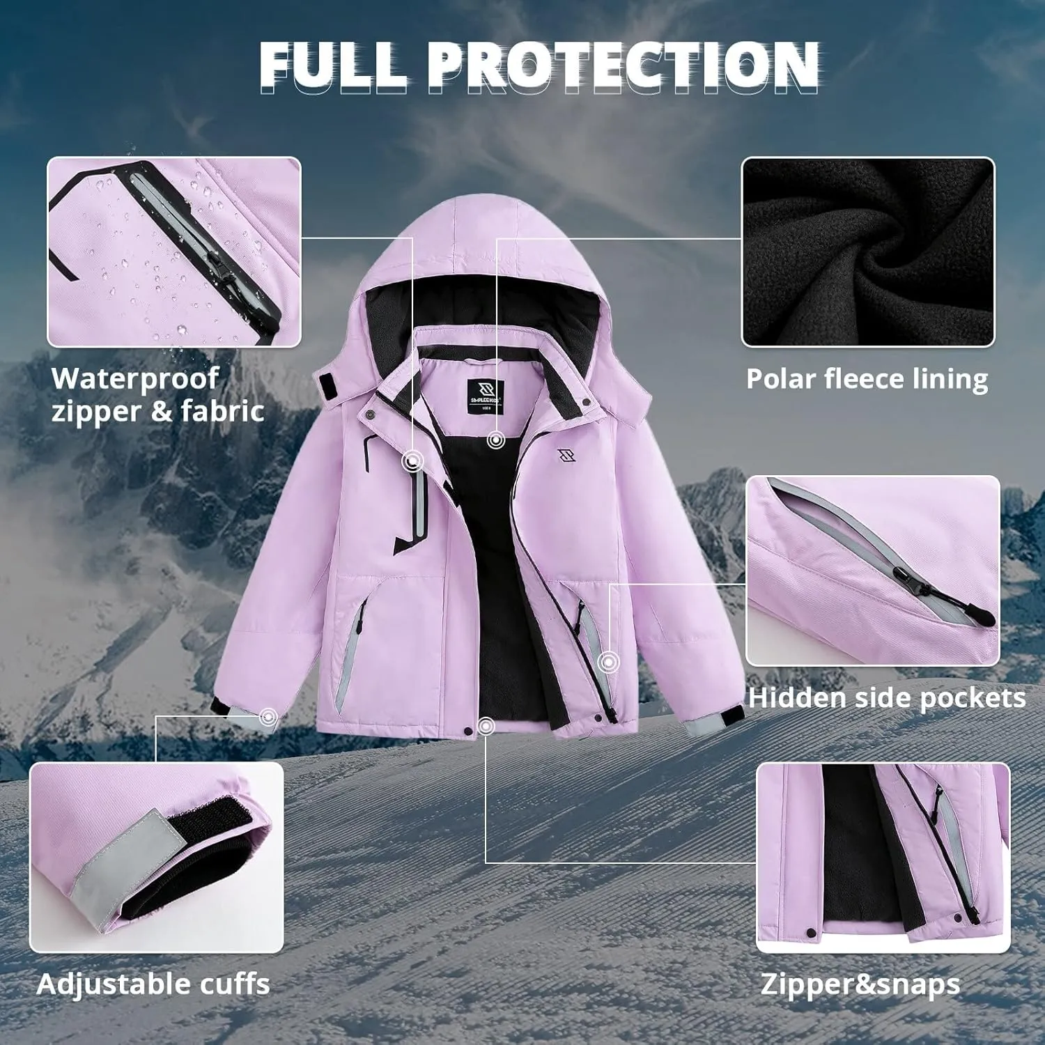 Simplee kids Girls Waterproof Ski Snow Jacket Fleece Raincoat Colorful Winter Coat Warm Hooded