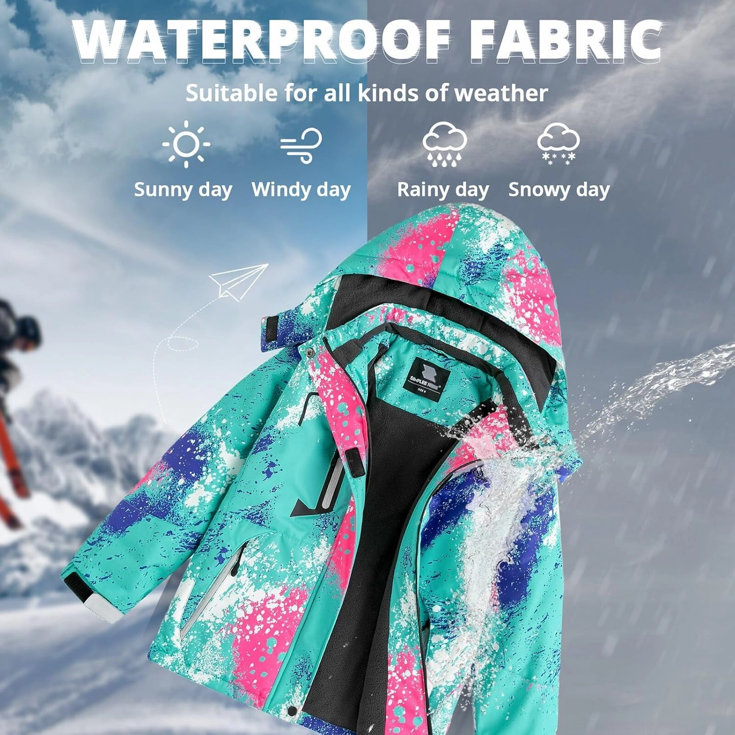 Simplee kids Girls Waterproof Ski Snow Jacket Fleece Raincoat Colorful Winter Coat Warm Hooded