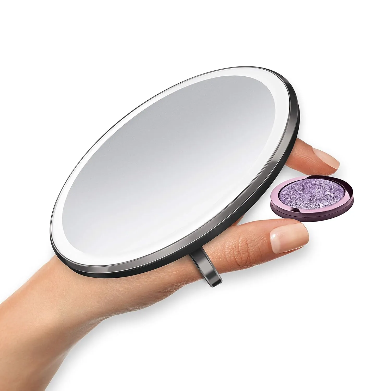 simplehuman ST3030 10cm Sensor Mirror Compact, Light Up Makeup Magnifying Mirror, 3X Magnification, Tru-Lux Light System, Ring Handle, Two Brightness Settings, Rechargeable, Black Stainless Steel
