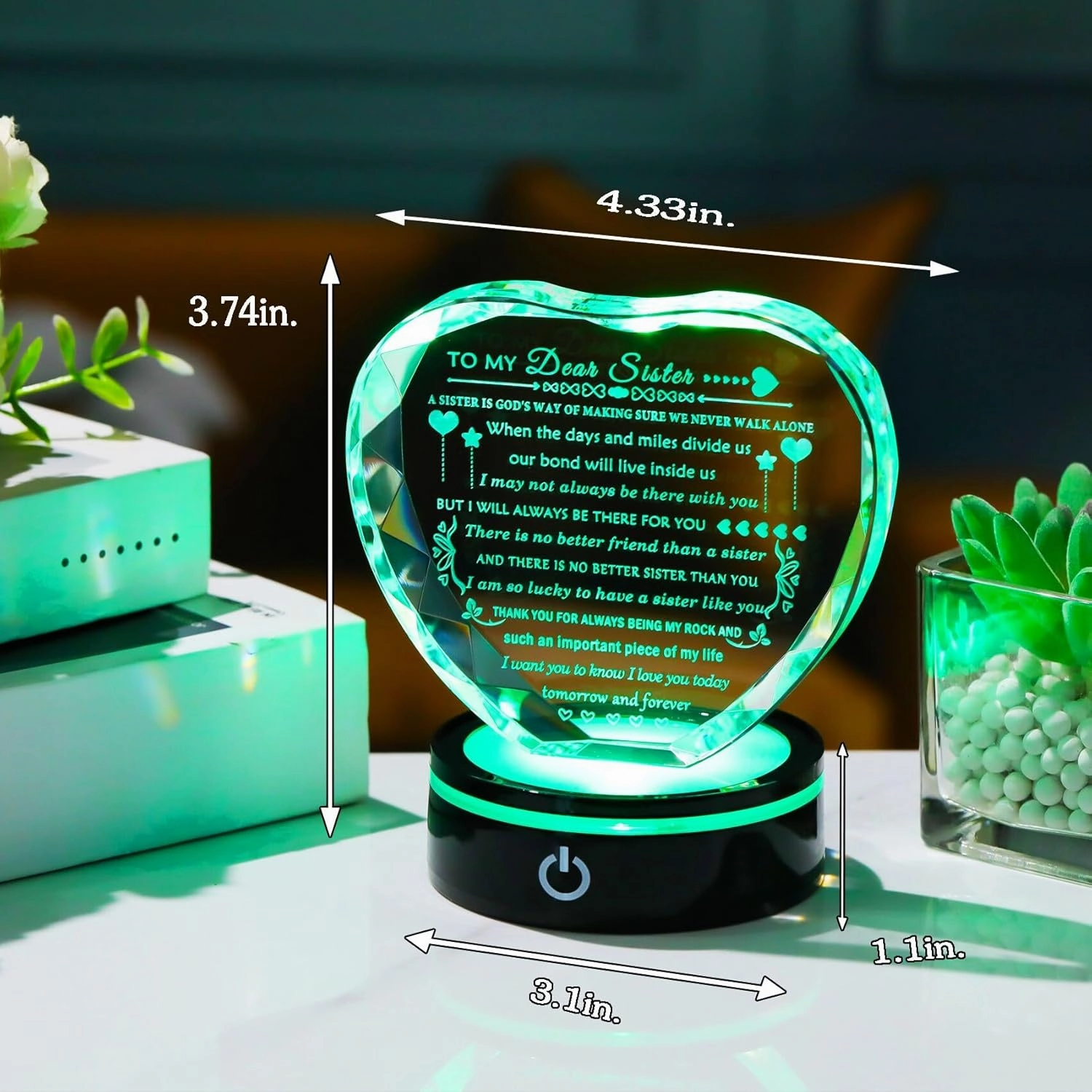 Sister Birthday Gifts Meaningful Sister Gift with Colorful LED Base from Sister Brother Heart Crystal to My Sister Present Sister Gifts for Women on Christmas Mothers Day Valentines Wedding