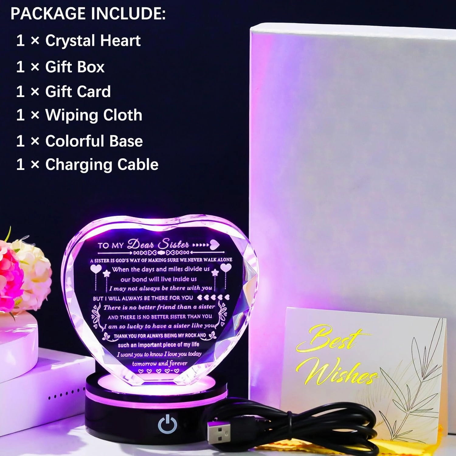 Sister Birthday Gifts Meaningful Sister Gift with Colorful LED Base from Sister Brother Heart Crystal to My Sister Present Sister Gifts for Women on Christmas Mothers Day Valentines Wedding