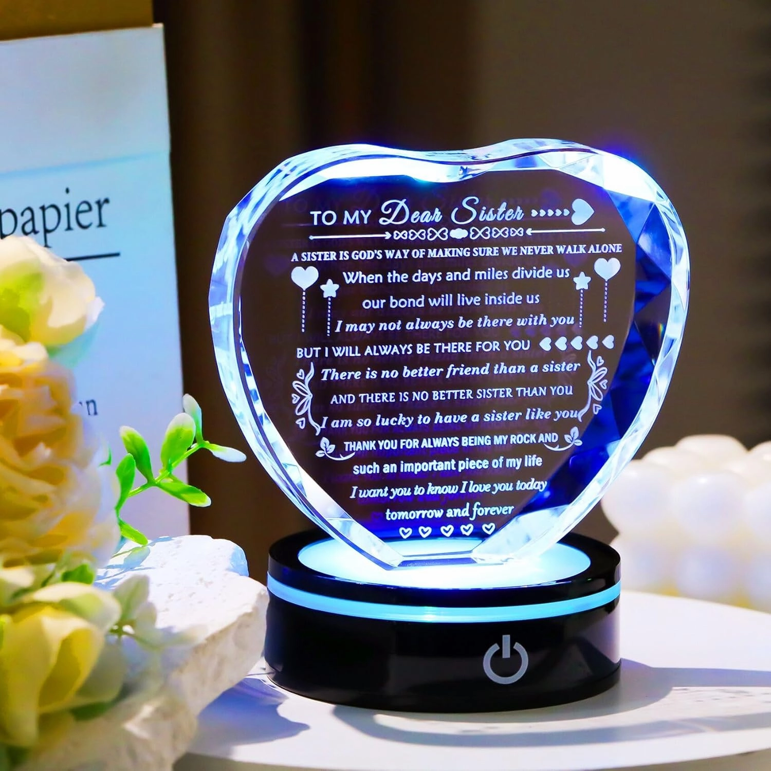 Sister Birthday Gifts Meaningful Sister Gift with Colorful LED Base from Sister Brother Heart Crystal to My Sister Present Sister Gifts for Women on Christmas Mothers Day Valentines Wedding