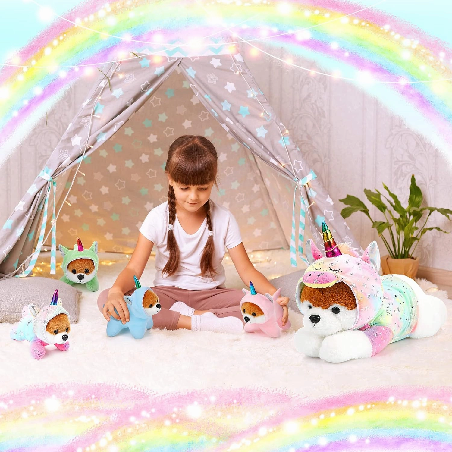 Skylety 5 Pcs Dog Stuffed Animal Puppy Stuffed Animal with Babies Inside 1 Big Mommy with 4 Mini Baby Cute Soft Puppies for Children Birthday Party Adopt a Dog Party Favors(Unicorn Puppies)