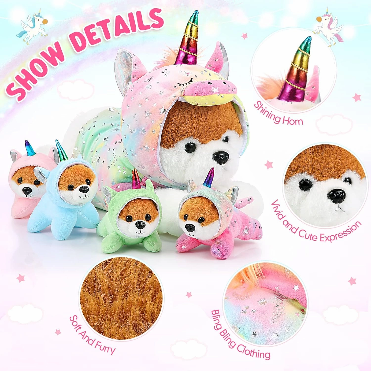 Skylety 5 Pcs Dog Stuffed Animal Puppy Stuffed Animal with Babies Inside 1 Big Mommy with 4 Mini Baby Cute Soft Puppies for Children Birthday Party Adopt a Dog Party Favors(Unicorn Puppies)
