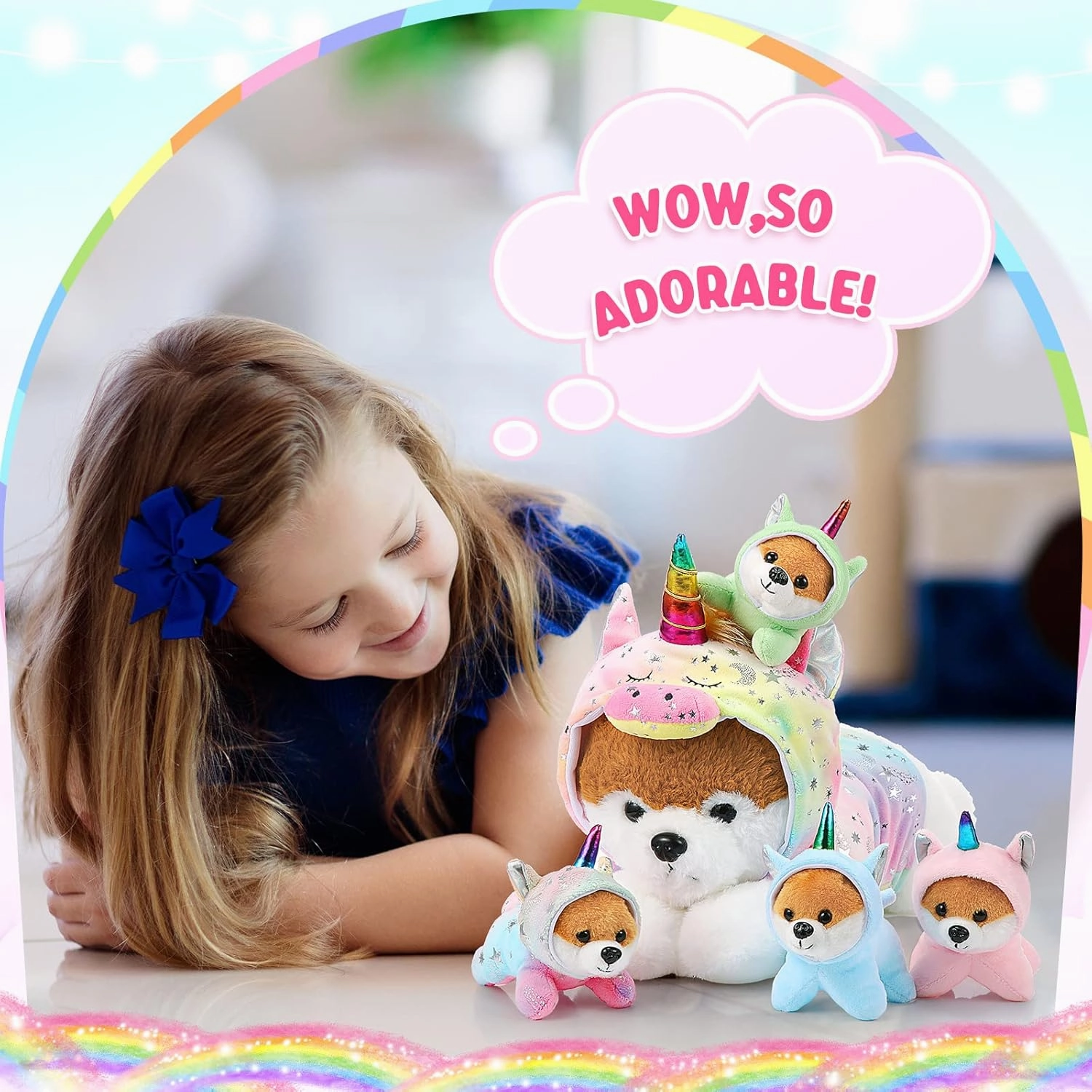 Skylety 5 Pcs Dog Stuffed Animal Puppy Stuffed Animal with Babies Inside 1 Big Mommy with 4 Mini Baby Cute Soft Puppies for Children Birthday Party Adopt a Dog Party Favors(Unicorn Puppies)