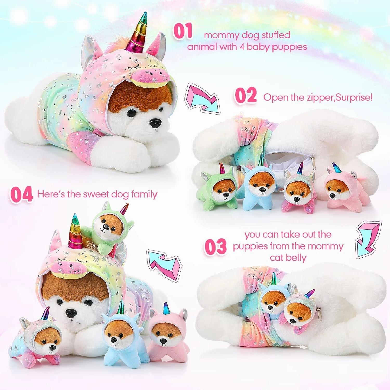 Skylety 5 Pcs Dog Stuffed Animal Puppy Stuffed Animal with Babies Inside 1 Big Mommy with 4 Mini Baby Cute Soft Puppies for Children Birthday Party Adopt a Dog Party Favors(Unicorn Puppies)