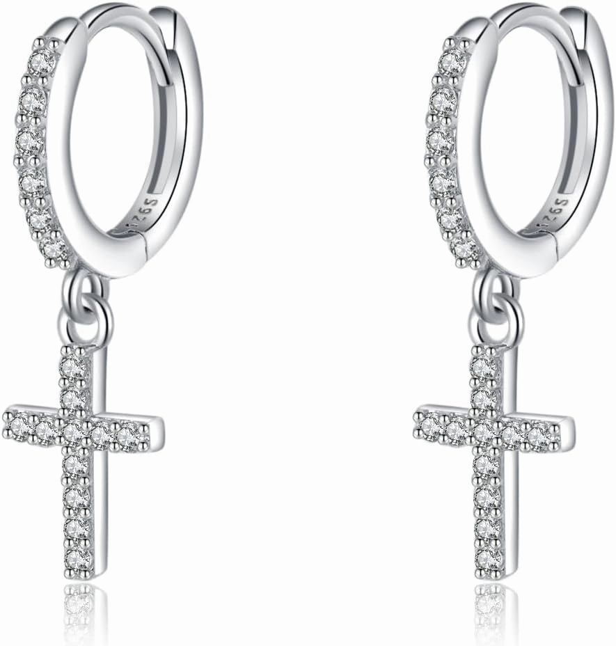 SLUYNZ Solid 925 Sterling Silver Cross Hoop Earrings for Women Teens Small CZ Hoop Earrings Huggie Drop