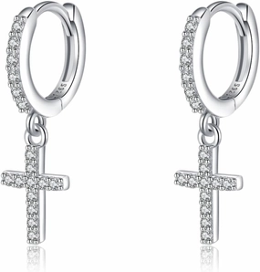 SLUYNZ Solid 925 Sterling Silver Cross Hoop Earrings for Women Teens Small CZ Hoop Earrings Huggie Drop