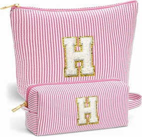 Small Makeup Bag for Purse - Travel Makeup Bag Set, Initial Make up Bag Organizer Makeup Pouch, Pink Preppy Stuff Birthday Gifts for Women Travel Essentials (Pink Letter H)