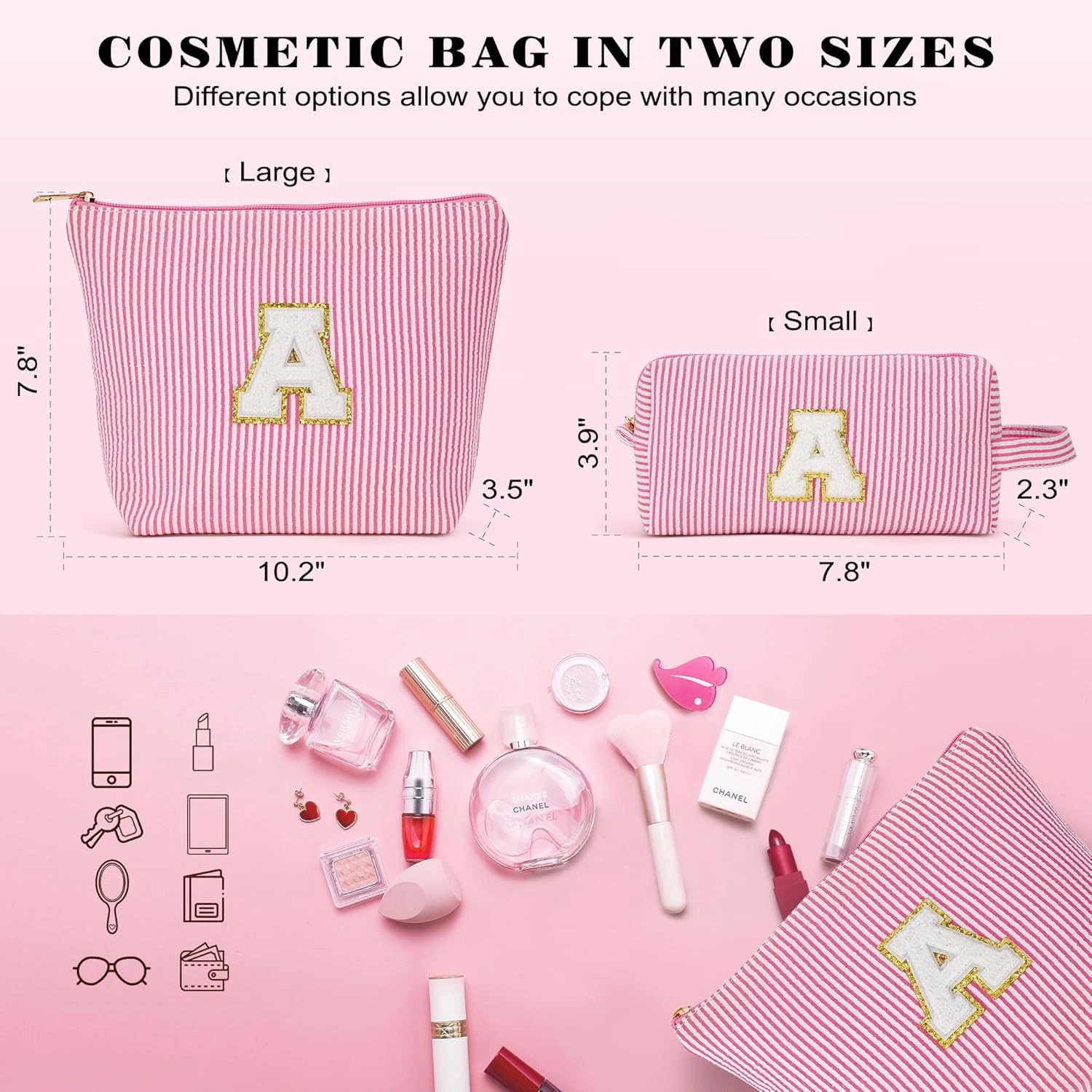 Small Makeup Bag for Purse - Travel Makeup Bag Set, Initial Make up Bag Organizer Makeup Pouch, Pink Preppy Stuff Birthday Gifts for Women Travel Essentials (Pink Letter H)