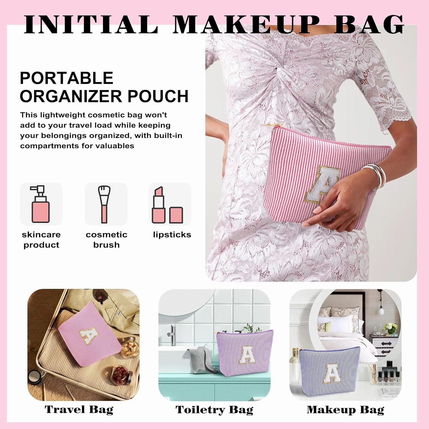 Small Makeup Bag for Purse - Travel Makeup Bag Set, Initial Make up Bag Organizer Makeup Pouch, Pink Preppy Stuff Birthday Gifts for Women Travel Essentials (Pink Letter H)