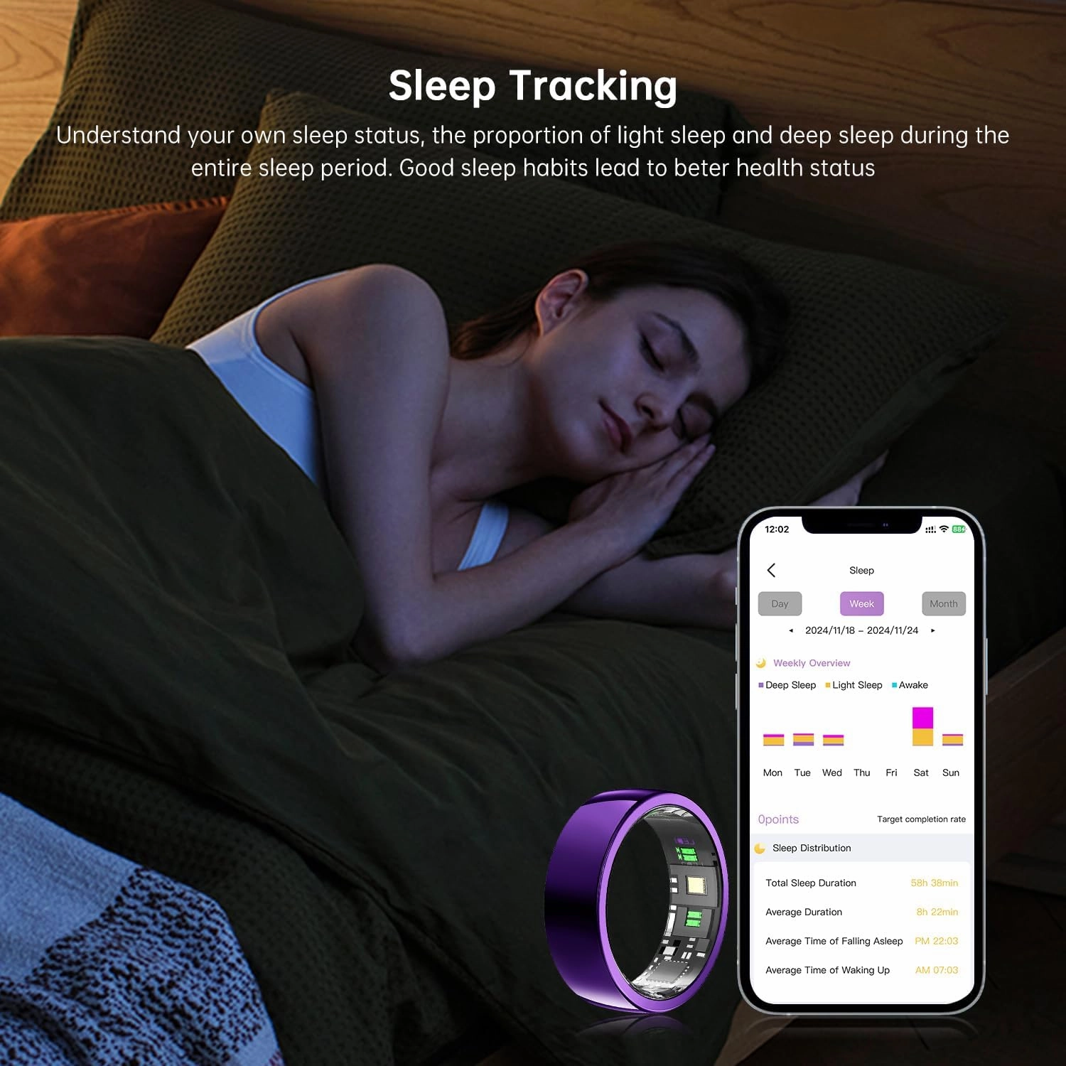 Smart Ring - Sleep Tracking Wearable - Heart Rate - Oxygen Monitoring - Fitness Tracker - Hand Gesture Brush Tiktok - Remote Camera - Up to 9 Days of Battery Life
