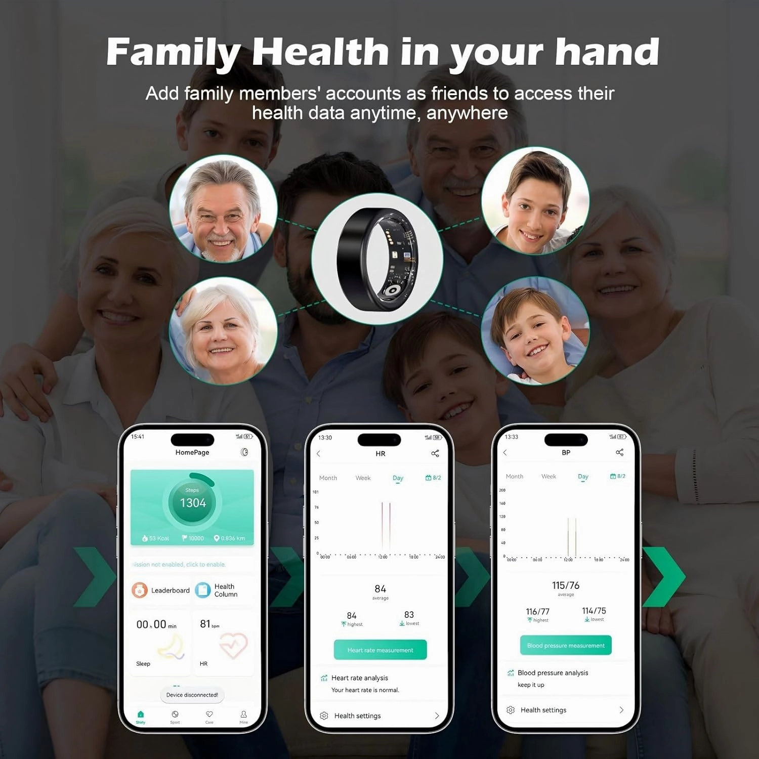 Smart Ring Fitness Tracker for Men - Health Heart Rate Ring with Sleep Monitor and Blood Oxygen Tracking, No Subscription Fee, Family Care, Remote Photography,IP68 Waterproof