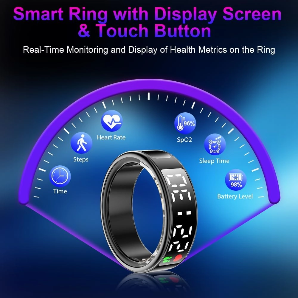 Smart Ring Health Tracker with Display Screen & Touch Button, Bluetooth Connection Health Ring for Women Men, Tracks Heart Rate/Blood Oxygen/Sleep/Steps/Sports Activities, IP68 Waterproof