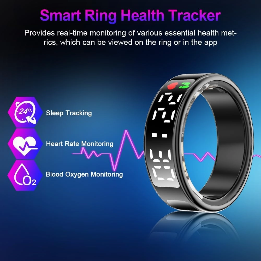 Smart Ring Health Tracker with Display Screen & Touch Button, Bluetooth Connection Health Ring for Women Men, Tracks Heart Rate/Blood Oxygen/Sleep/Steps/Sports Activities, IP68 Waterproof