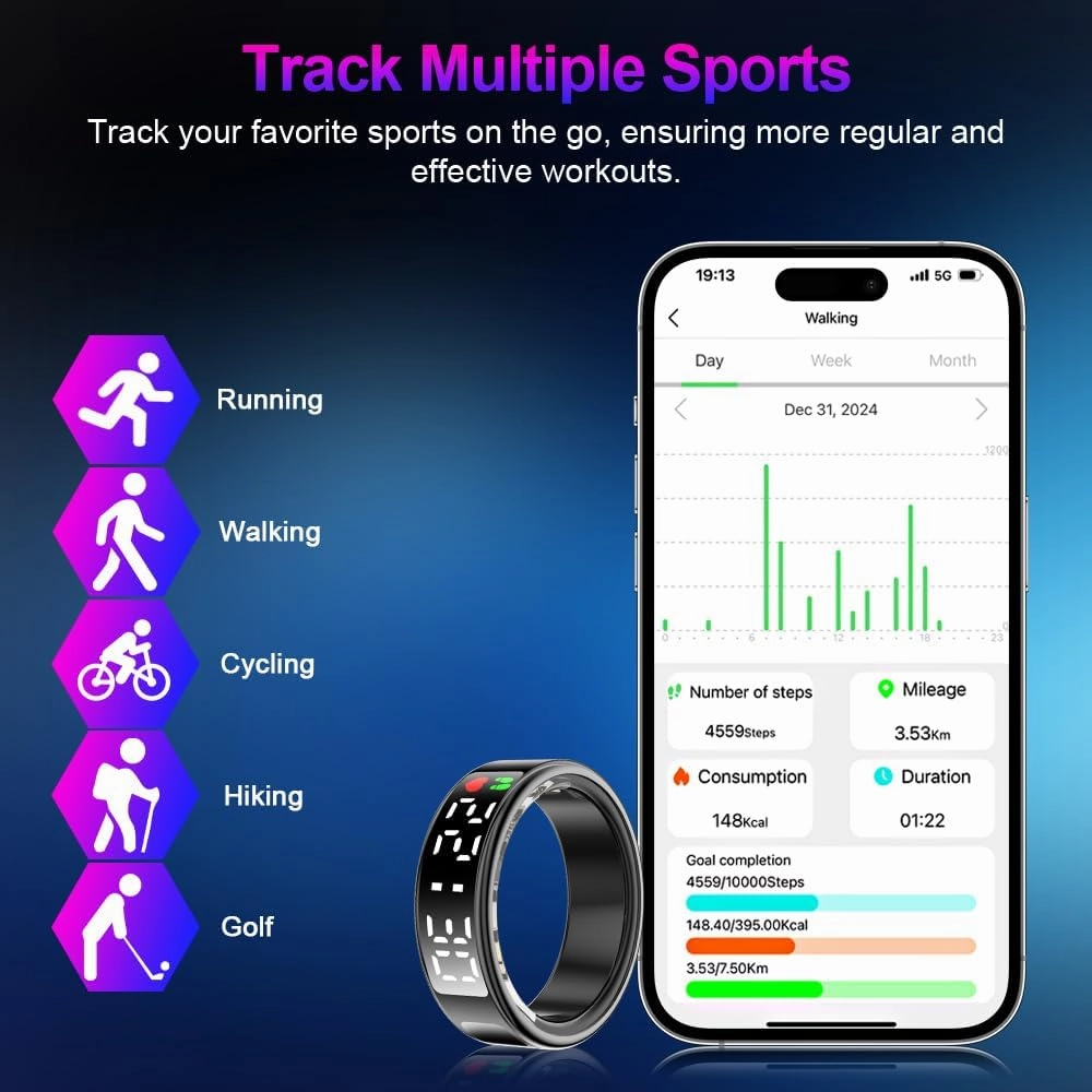 Smart Ring Health Tracker with Display Screen & Touch Button, Bluetooth Connection Health Ring for Women Men, Tracks Heart Rate/Blood Oxygen/Sleep/Steps/Sports Activities, IP68 Waterproof