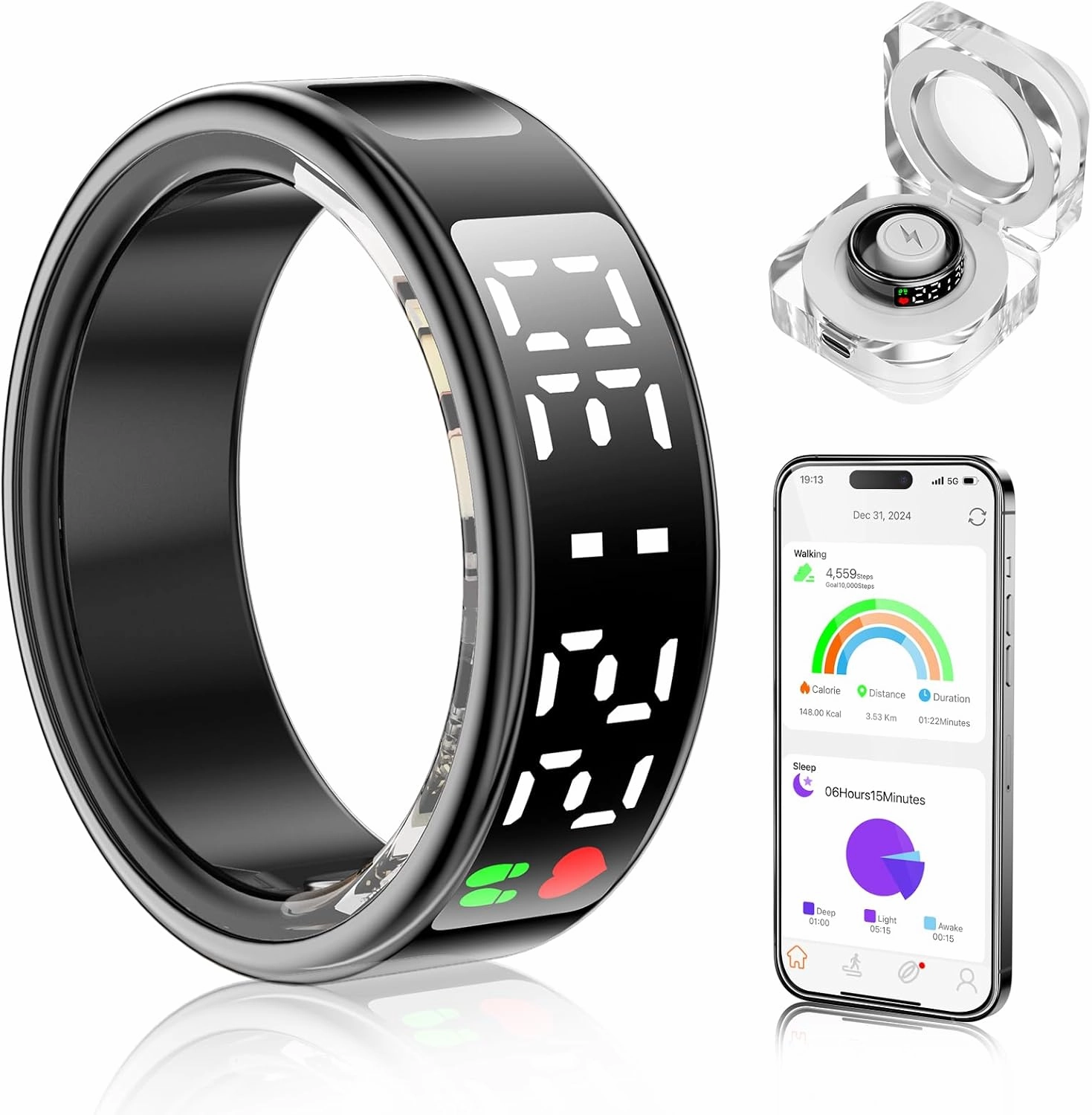 Smart Ring Health Tracker with Display Screen & Touch Button, Bluetooth Connection Health Ring for Women Men, Tracks Heart Rate/Blood Oxygen/Sleep/Steps/Sports Activities, IP68 Waterproof