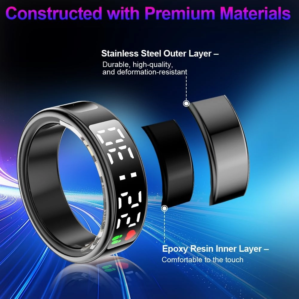 Smart Ring Health Tracker with Display Screen & Touch Button, Bluetooth Connection Health Ring for Women Men, Tracks Heart Rate/Blood Oxygen/Sleep/Steps/Sports Activities, IP68 Waterproof