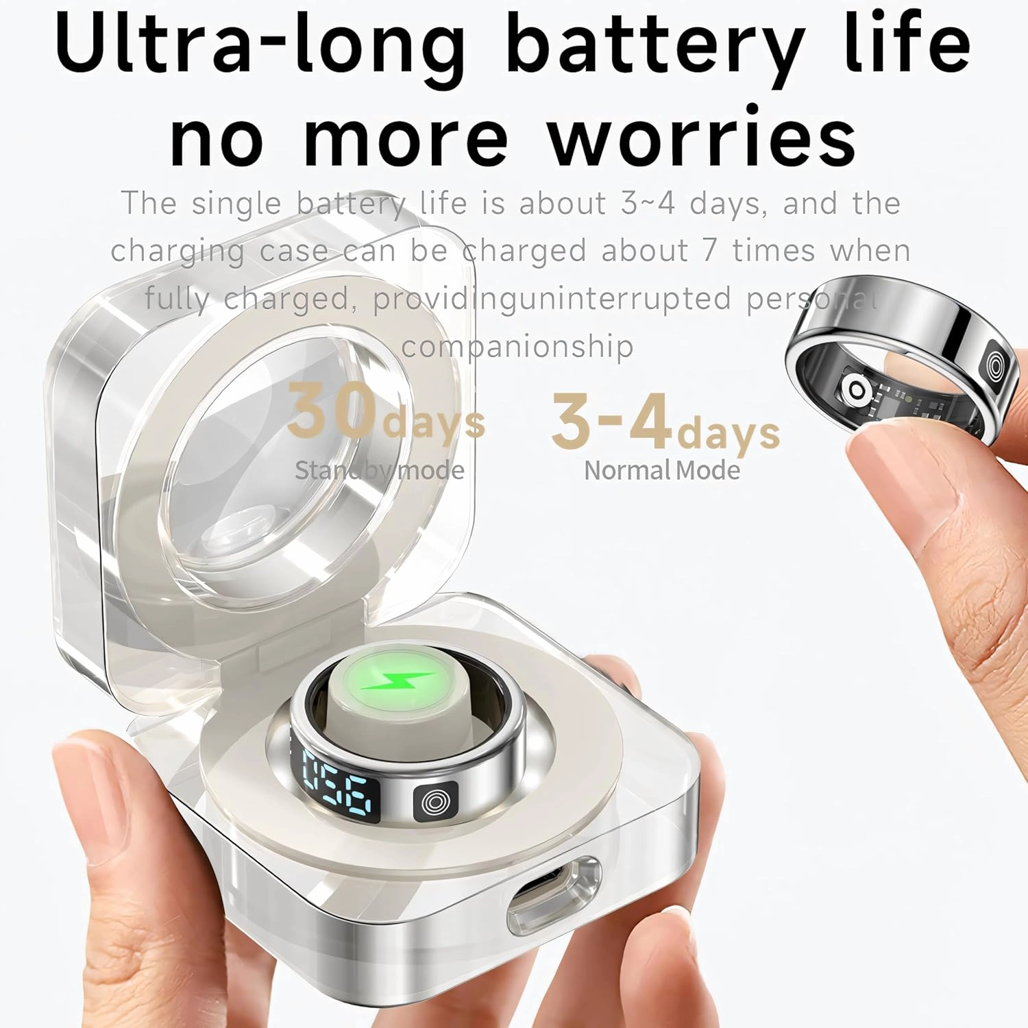 smart ring with led display – activity & fitness tracker, monitors heart rate, Blood oxygen, step count, sleep, ip68 waterproof, includes charging case, app for ios & android (Silver, #10(19.9mm))