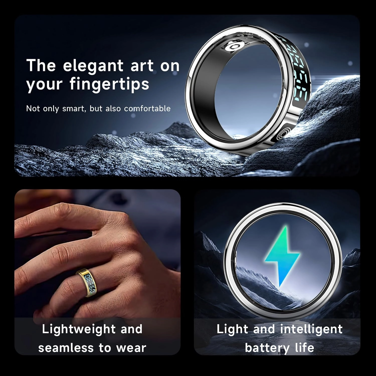 smart ring with led display – activity & fitness tracker, monitors heart rate, Blood oxygen, step count, sleep, ip68 waterproof, includes charging case, app for ios & android (Silver, #10(19.9mm))