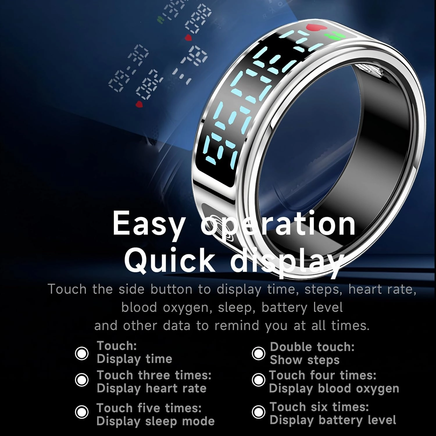 smart ring with led display – activity & fitness tracker, monitors heart rate, Blood oxygen, step count, sleep, ip68 waterproof, includes charging case, app for ios & android (Silver, #10(19.9mm))