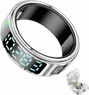 smart ring with led display – activity & fitness tracker, monitors heart rate, Blood oxygen, step count, sleep, ip68 waterproof, includes charging case, app for ios & android (Silver, #10(19.9mm))