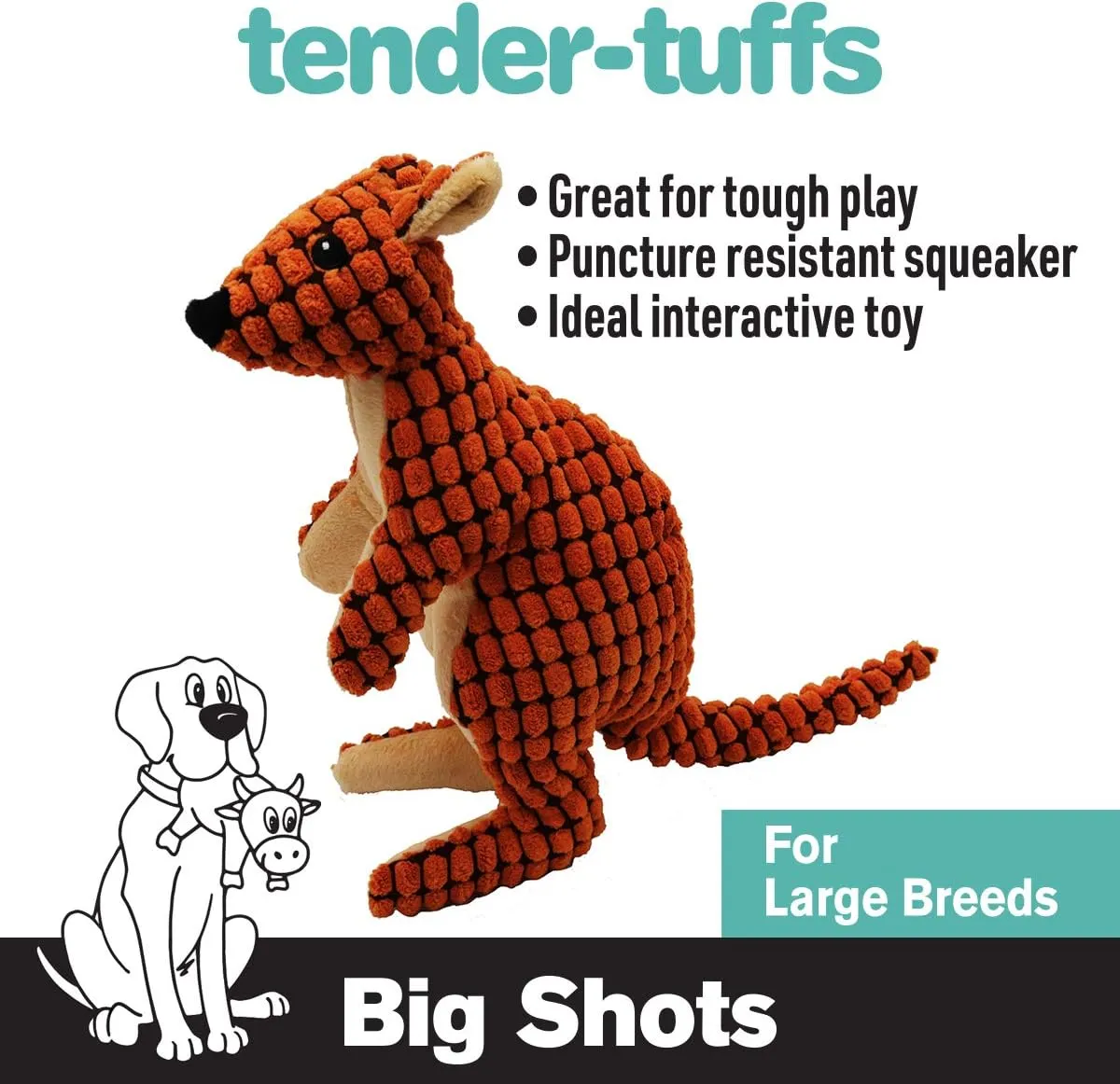 SmartPetLove Tender-Tuffs Big Shots - Aussie Kangaroo Cuddly Pet Toy - Stuffed Plush Dog Toy and Cute Squeaky Dog Toys for All Life Stages