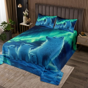Snow Fox Family Quilt Bedding Set King,Mystery Arctic Aurora Animals Coverlet Bedspread,Winter Safari Animals Lightweight Bedding Bed Cover,Neon Colorful Aurora Bedspread Set (1 Quilt  2 Shams)