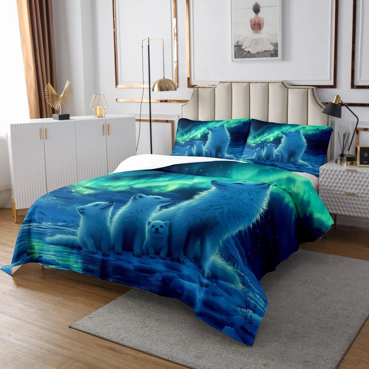 Snow Fox Family Quilt Bedding Set King,Mystery Arctic Aurora Animals Coverlet Bedspread,Winter Safari Animals Lightweight Bedding Bed Cover,Neon Colorful Aurora Bedspread Set (1 Quilt  2 Shams)