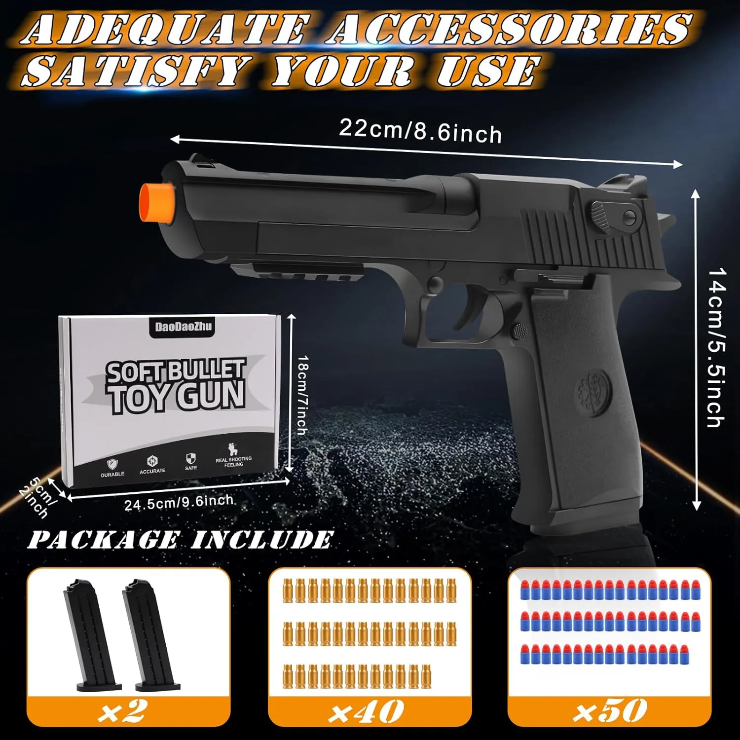 Soft Bullet Toy Gun Shell Ejecting with 50 Bullets, Black Toy Guns for Boys, Toy Pistol Fidget Gun, Realistic Play Gun Model, Halloween Christmas Birthday Gifts for Boys Kids Adults Age 8 