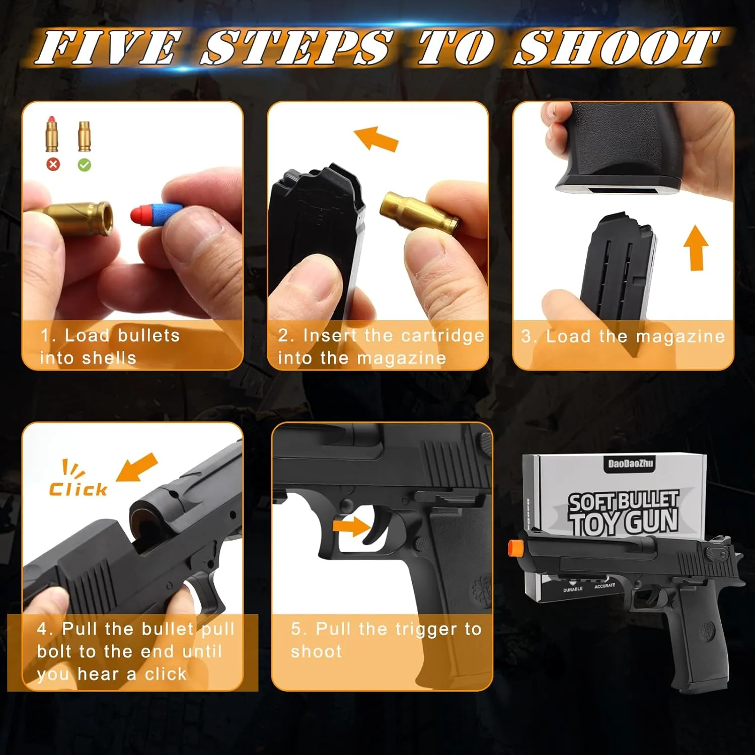 Soft Bullet Toy Gun Shell Ejecting with 50 Bullets, Black Toy Guns for Boys, Toy Pistol Fidget Gun, Realistic Play Gun Model, Halloween Christmas Birthday Gifts for Boys Kids Adults Age 8 