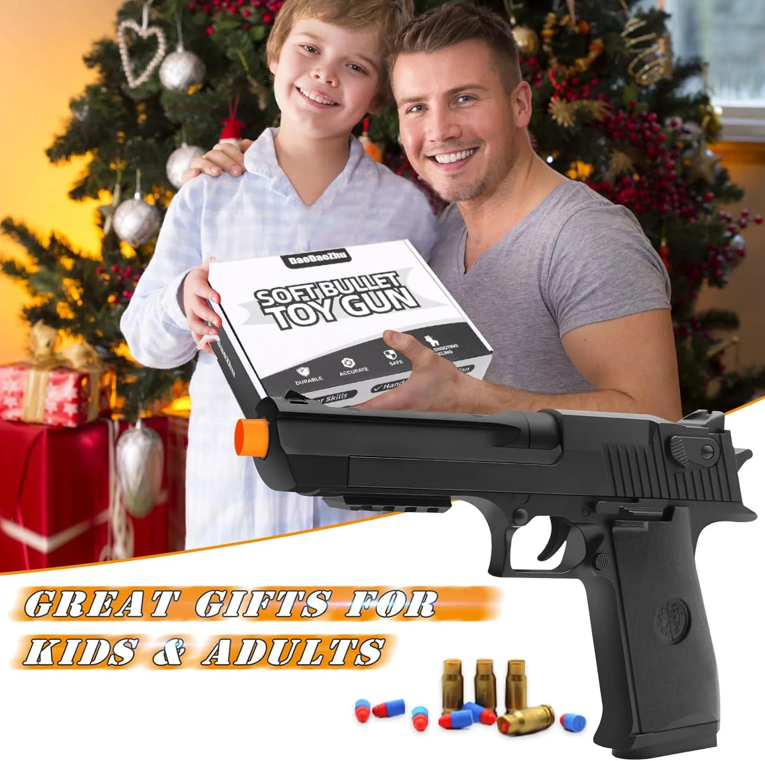 Soft Bullet Toy Gun Shell Ejecting with 50 Bullets, Black Toy Guns for Boys, Toy Pistol Fidget Gun, Realistic Play Gun Model, Halloween Christmas Birthday Gifts for Boys Kids Adults Age 8 