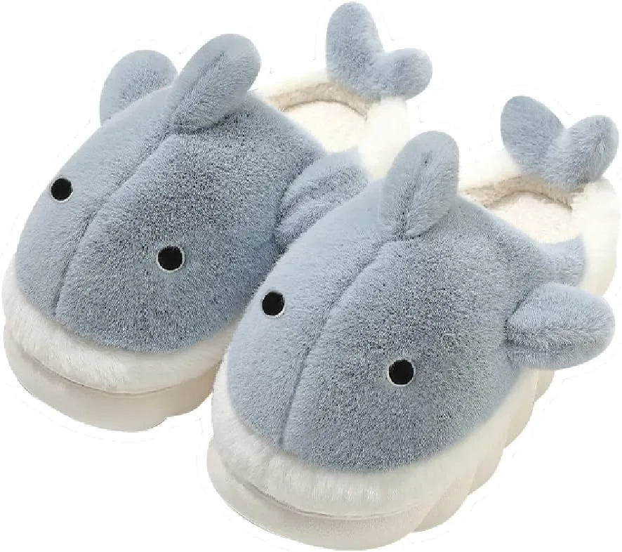 Soft Plush Whale Shark Fuzzy Slippers 1.6'' Heightening Soles for Women Men, Winter Faux Fur Cute Animal Couple Matching Home Slippers