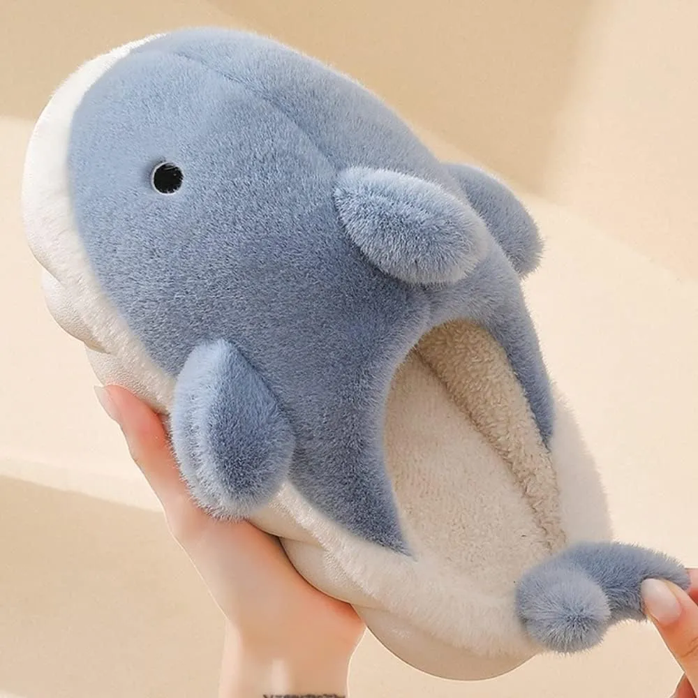 Soft Plush Whale Shark Fuzzy Slippers 1.6'' Heightening Soles for Women Men, Winter Faux Fur Cute Animal Couple Matching Home Slippers