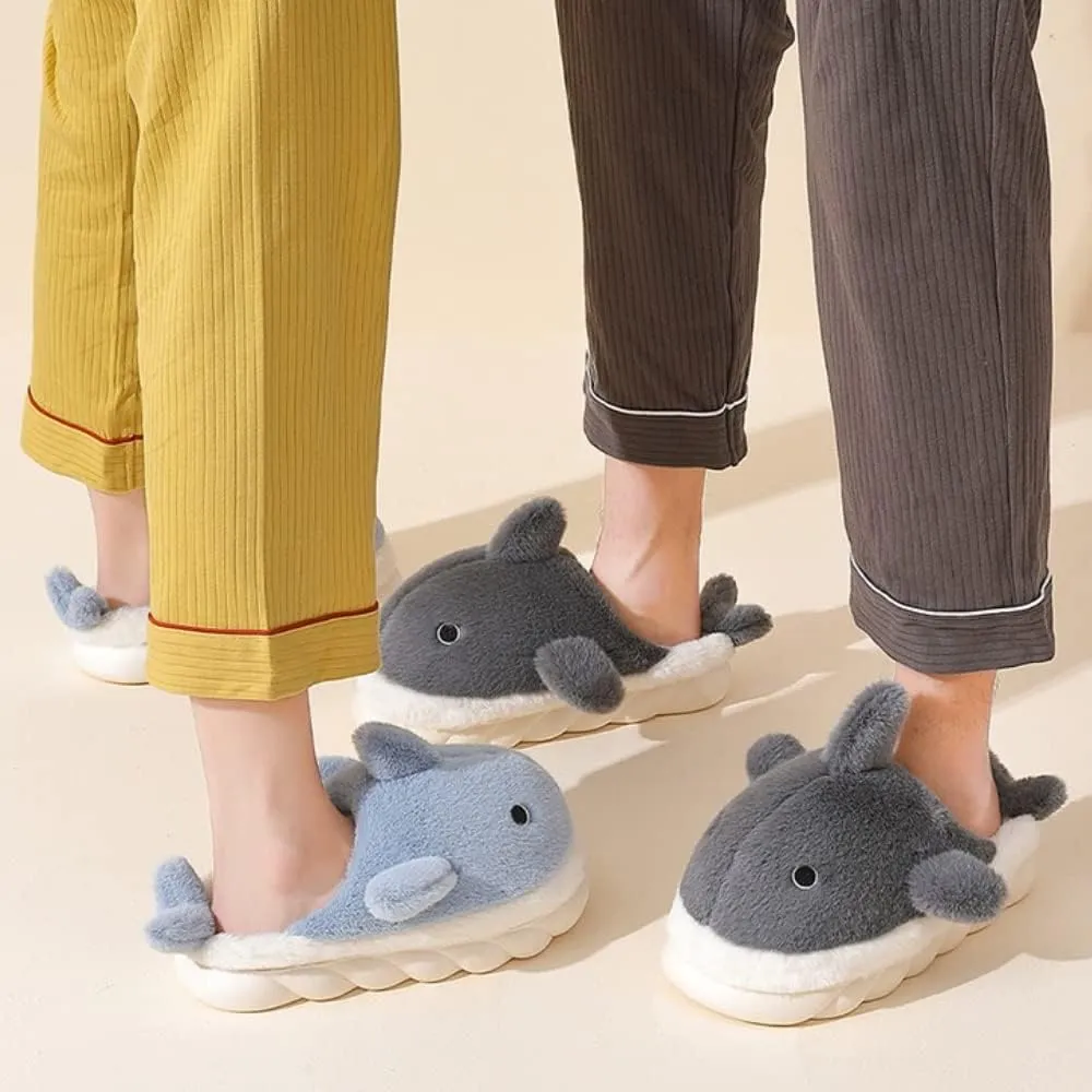 Soft Plush Whale Shark Fuzzy Slippers 1.6'' Heightening Soles for Women Men, Winter Faux Fur Cute Animal Couple Matching Home Slippers