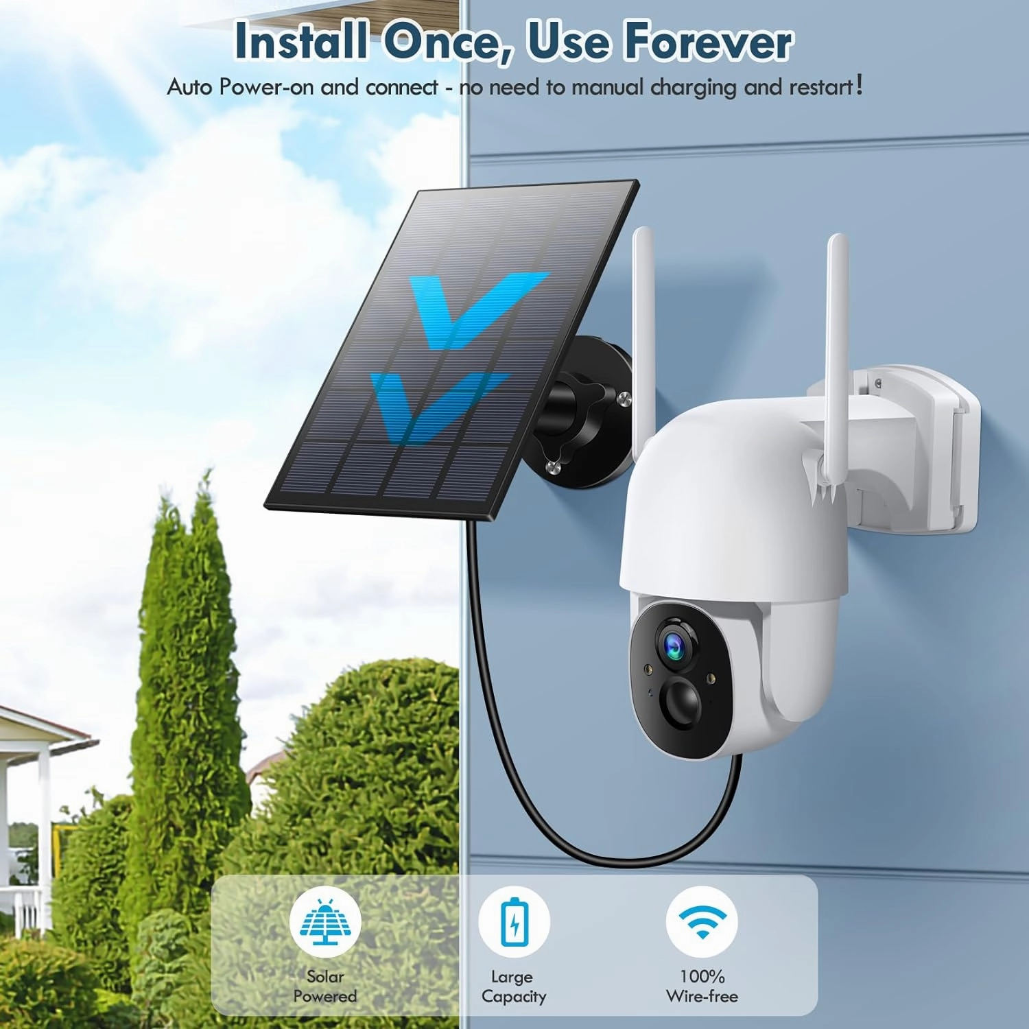 Solar Security Cameras Wireless Outdoor, Wireless Cameras for Home/Outdoor Security, 355°PTZ, 3MP 2K FHD WiFi Camera with Spotlight, Motion Detection, Siren, Color Night Vision, SD/Cloud