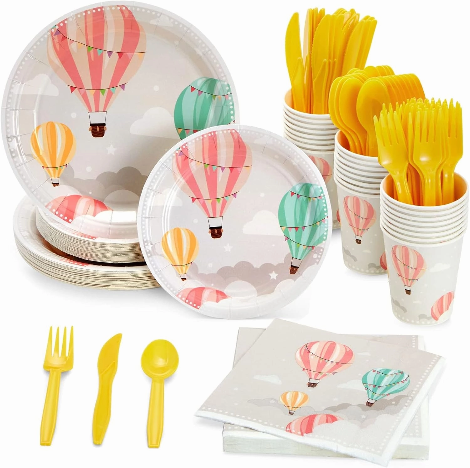 Sparkle and Bash 168-Piece Hot Air Balloon Party Decorations for Baby Shower, Birthday Party, Disposable Dinnerware Set with Paper Plates, Plastic Cutlery, Cups, and Napkins (Serves 24)