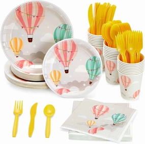 Sparkle and Bash 168-Piece Hot Air Balloon Party Decorations for Baby Shower, Birthday Party, Disposable Dinnerware Set with Paper Plates, Plastic Cutlery, Cups, and Napkins (Serves 24)