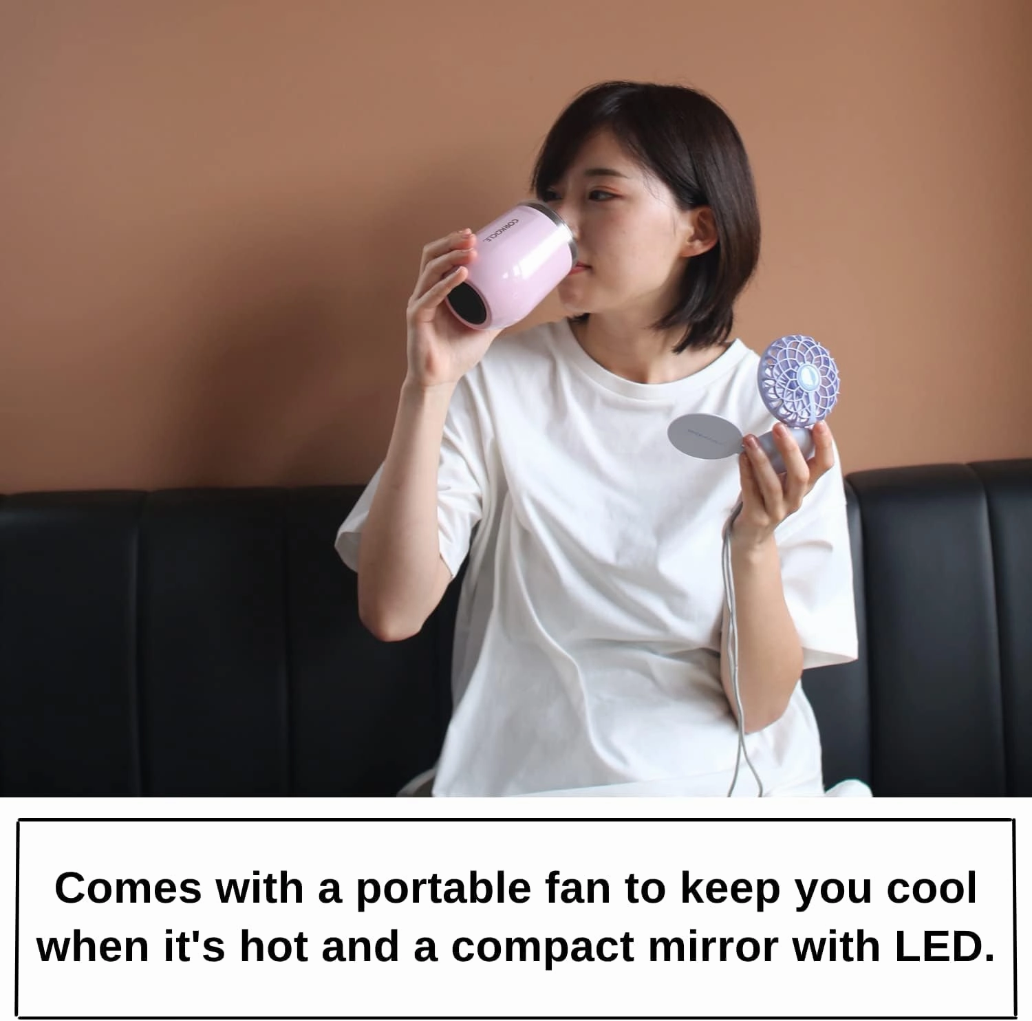 SPICE OF LIFE Mirror Fan-bulous Compact - White - 3-in-1 Wearable Neck Fan with 1x/2x Magnification & LED Light, Nylon Neck Strap, USB Rechargeable Battery, Solar Powered Glow-in-The-Dark Logo