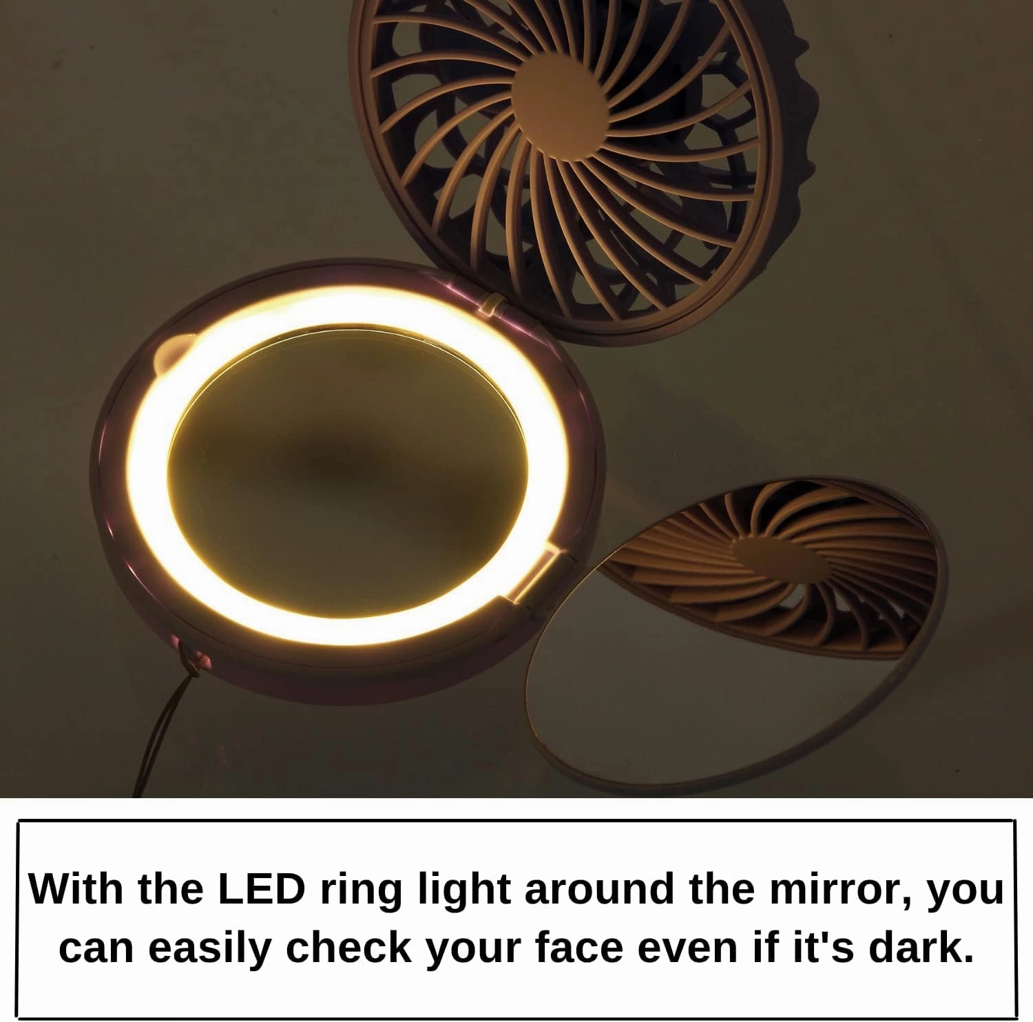 SPICE OF LIFE Mirror Fan-bulous Compact - White - 3-in-1 Wearable Neck Fan with 1x/2x Magnification & LED Light, Nylon Neck Strap, USB Rechargeable Battery, Solar Powered Glow-in-The-Dark Logo