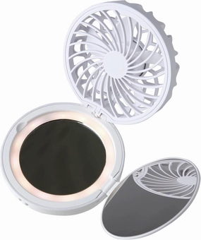 SPICE OF LIFE Mirror Fan-bulous Compact - White - 3-in-1 Wearable Neck Fan with 1x/2x Magnification & LED Light, Nylon Neck Strap, USB Rechargeable Battery, Solar Powered Glow-in-The-Dark Logo