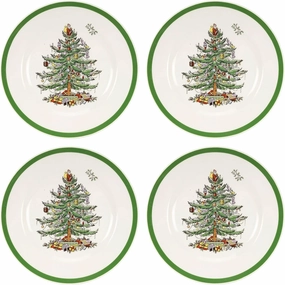 Spode Christmas Tree 8" Salad Plate - Festive Holiday Stoneware Plate with Christmas Tree Design, Green Bordered Edges, Microwave, Dishwasher, Freezer, Oven Safe - Collectible Holiday Tableware