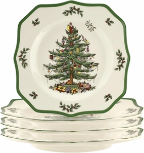 Spode Christmas Tree Scalloped Dinner Plate (Set of 4) - Holiday Stoneware Large Plates - 10.5 Inch Christmas Dinner Dishes, Colorful Gifts & Mistletoe Accents - Dishwasher & Microwave Safe