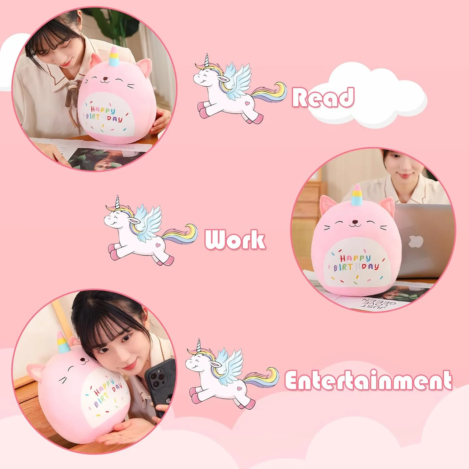 SQEQE Cat Plush Toy Unicorn Cat Stuffed Animal Cute Birthday Plushies Pillow Soft Plushie Doll Gifts for Kid Decor(Pink Caticorn, 14 Inch)
