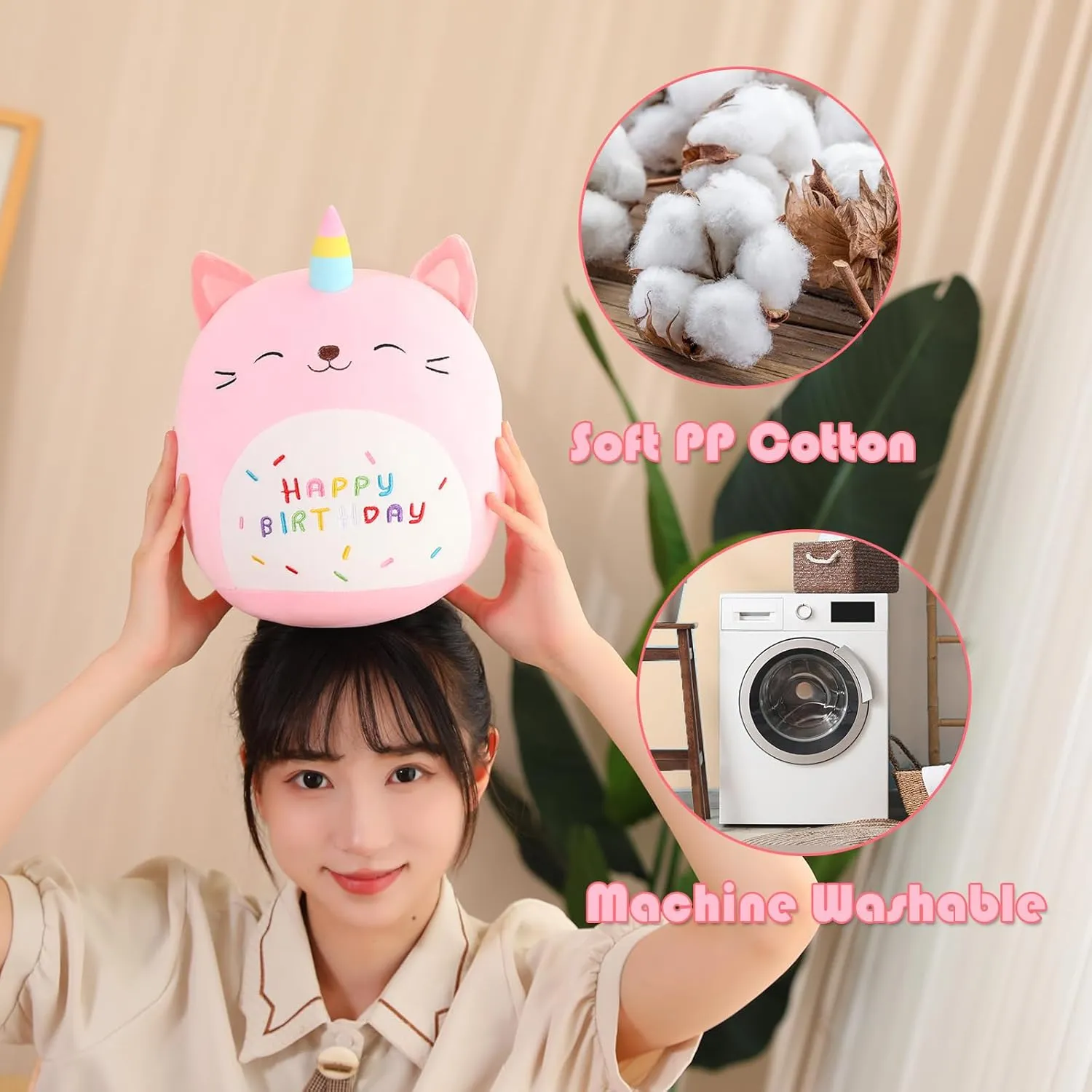 SQEQE Cat Plush Toy Unicorn Cat Stuffed Animal Cute Birthday Plushies Pillow Soft Plushie Doll Gifts for Kid Decor(Pink Caticorn, 14 Inch)