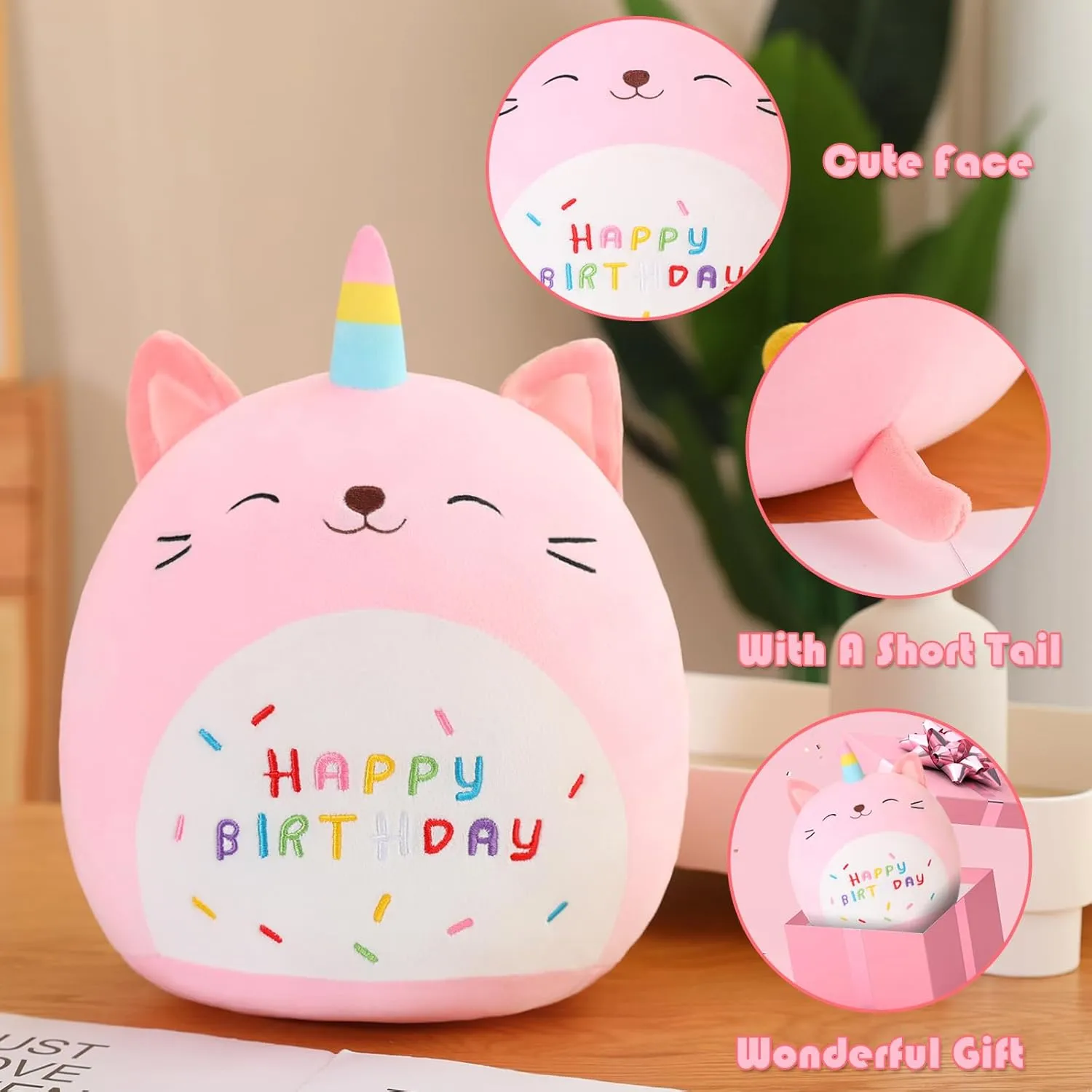 SQEQE Cat Plush Toy Unicorn Cat Stuffed Animal Cute Birthday Plushies Pillow Soft Plushie Doll Gifts for Kid Decor(Pink Caticorn, 14 Inch)